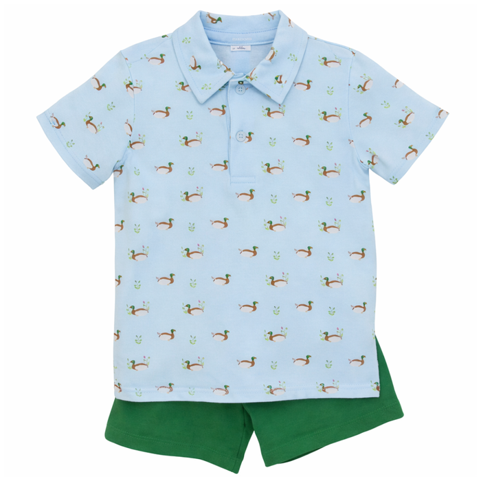 Boys light blue duck print polo shirt paired with solid green shorts on a white background.