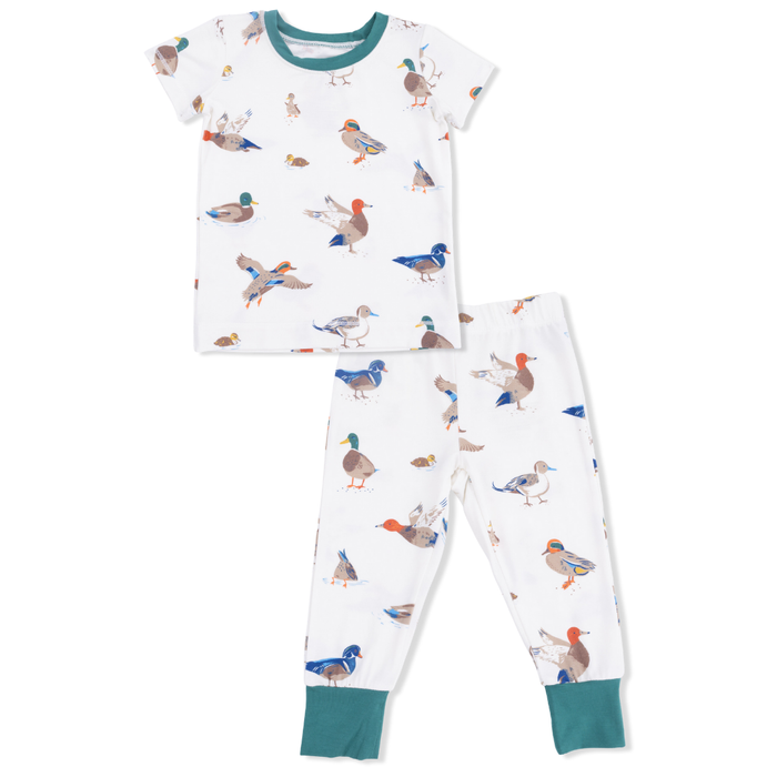 children's 2 pc pajama set, white with teal trim, short sleeves and long pants with a mallard duck print