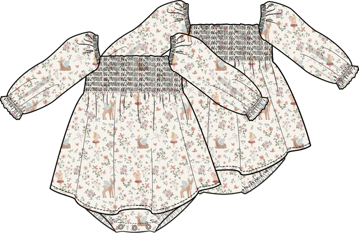 Baby girl smocked romper dress with woodland animal and floral print, long sleeve bubble outfit with flutter sleeves