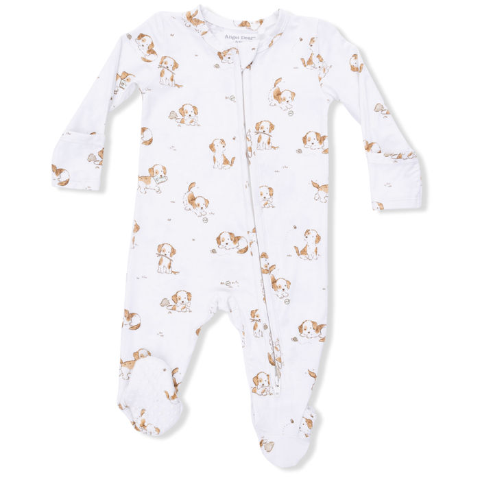 Baby footie with puppy pattern on a white background
