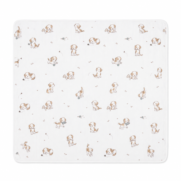 Neutral puppy baby swaddle blanket with small dog print, soft lightweight newborn blanket