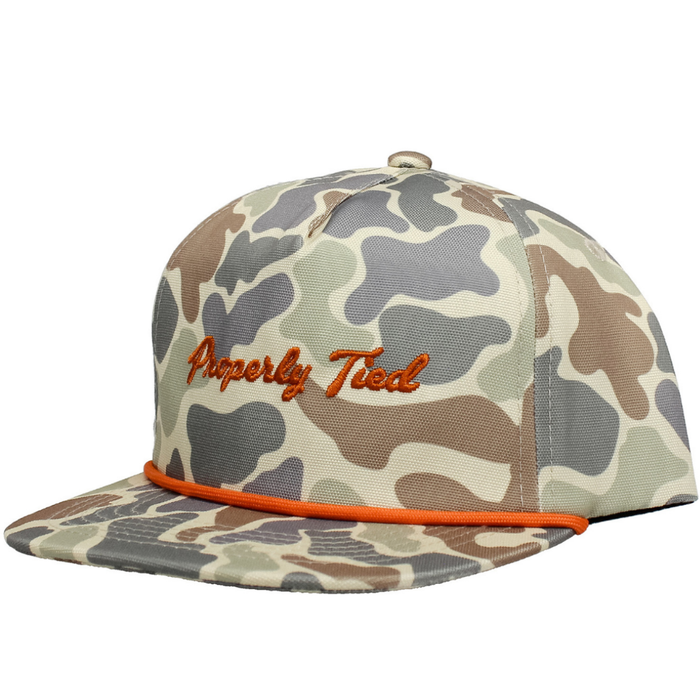 Boys camo rope hat with embroidered logo and snapback fit. Classic outdoor cap perfect for hunting, fishing, and everyday wear.