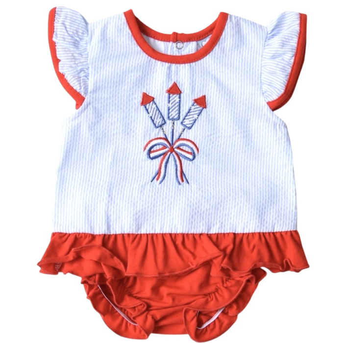 blue and white seersucker flutter sleeve top with firework applique and solid red bloomer