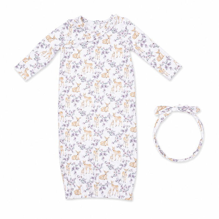 Floral deer newborn gown with wrap front and matching headband, soft baby girl coming home outfit