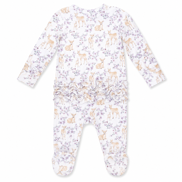 Floral deer baby footie with zipper closure, ruffle back detail, and footed design