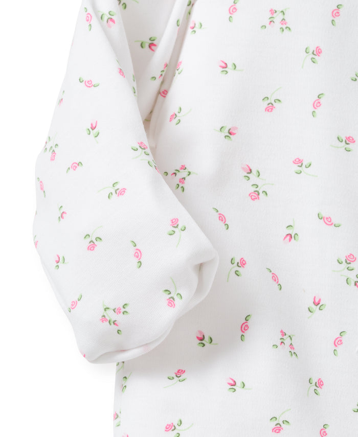 close up of the pink floral print.