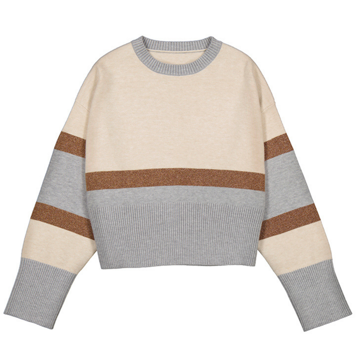 Girls’ cropped sweater with beige, grey, and glittery bronze horizontal stripes and ribbed trim
