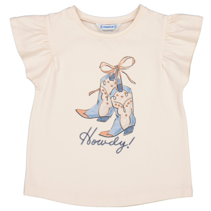 Girls peachy beige flutter sleeve shirt with embroidered cowgirl boots and “Howdy!” graphic on soft cotton stretch fabric.