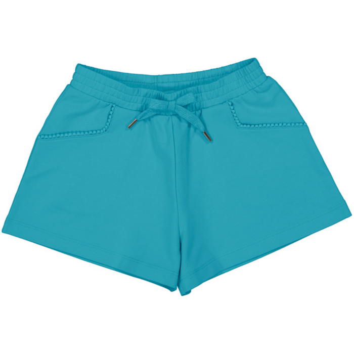 Girls knit elastic waist shorts with chenille trim pockets in pacific blue