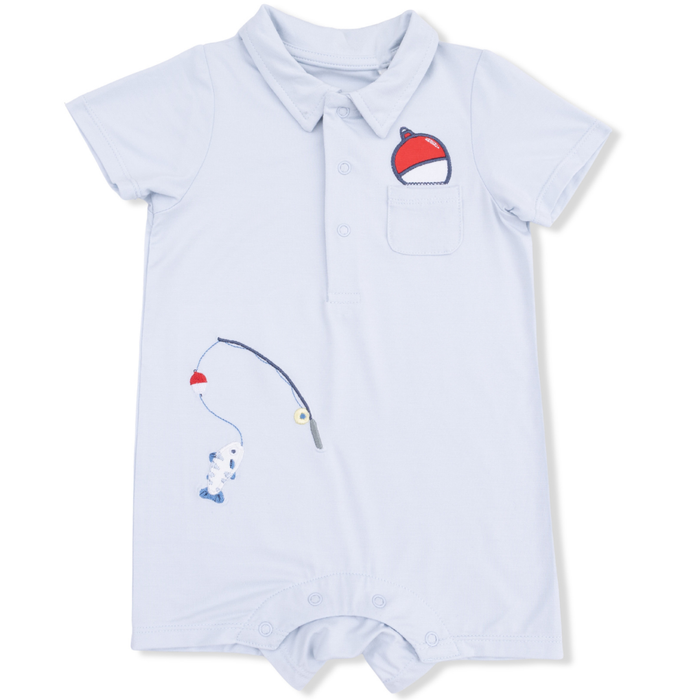 Light blue baby romper with fishing pole embroidered design on a white background