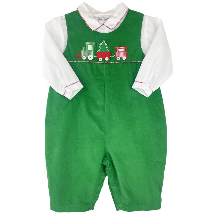 green mini cord boy romper with a christmas train applique and white long sleever button down shirt trimmed in red/white piping