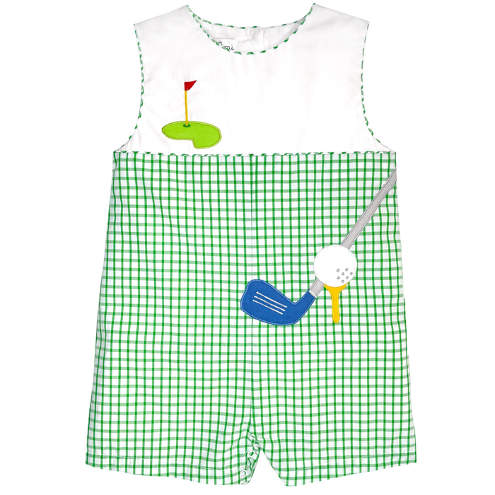 boy romper with green and white check on the bottom and white on top with a golf themed applique