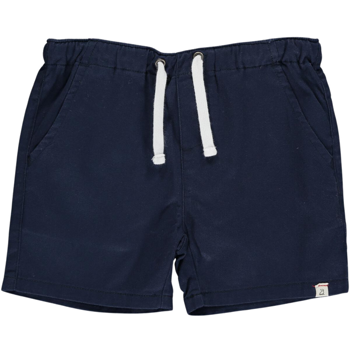 Boys navy twill pull-on shorts with elastic waistband, white drawstring, and front pockets on white background.