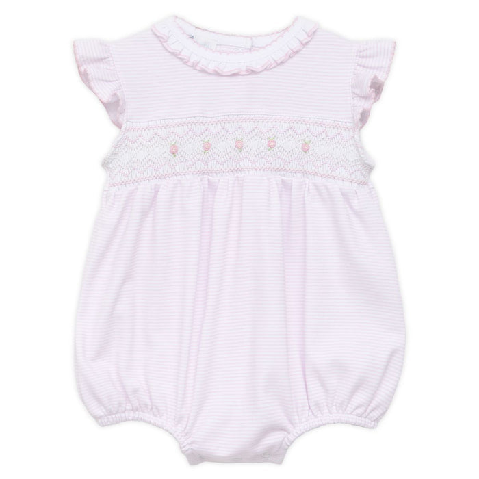 Pink striped baby bubble romper with smocked chest, ruffled neckline, flutter sleeves, and snap closure on a white background
