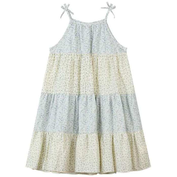 Girls tiered dress with blue mixed floral print, tiered skirt, and adjustable tie shoulder straps