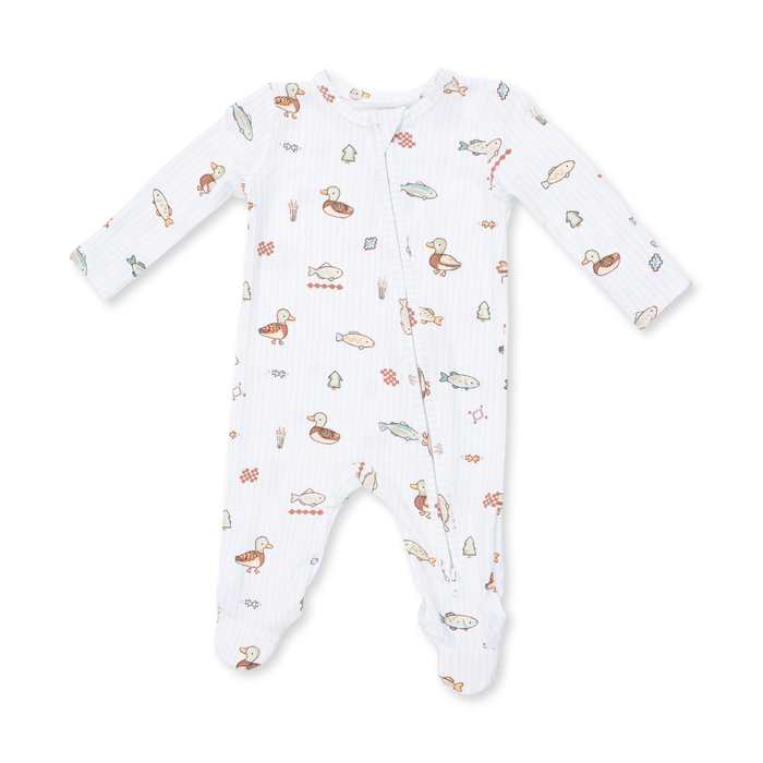 Duck and fish print baby footie with zipper closure and footed design on pinstripe background