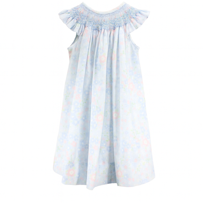 Girls light blue garden print dress with hand-smocked neckline, flutter sleeves, and pastel floral pattern