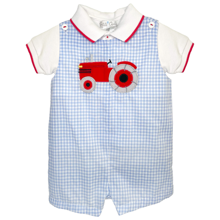 blue and whit gingham romper with a red tractor applique and a separate short sleeve collared knit shirt