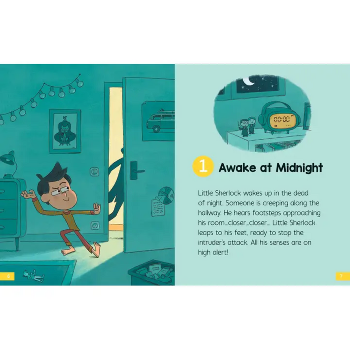 Two images of the book "Little Sherlock: The Case of the Mysterious Goldfish" are shown. The first image is the cover, featuring Little Sherlock and a friend looking at a goldfish bowl with a magnifying glass. The second image shows an inner page with an illustration of Little Sherlock sneaking down a hallway at night and a short text blurb describing the scene.