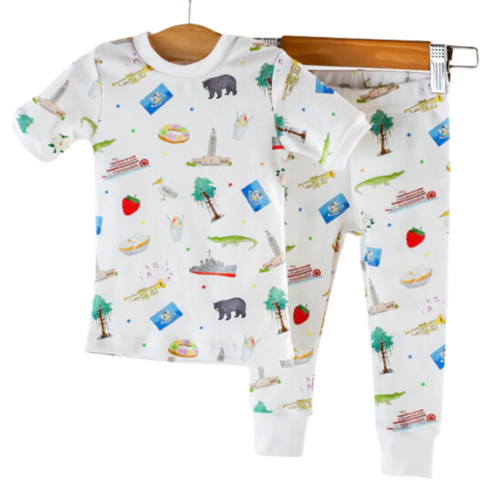 white short sleeve top and pants with an all things louisiana print.