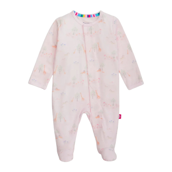 Pink safari print baby modal footie with giraffes and elephants, long sleeves, and built-in feet on white background