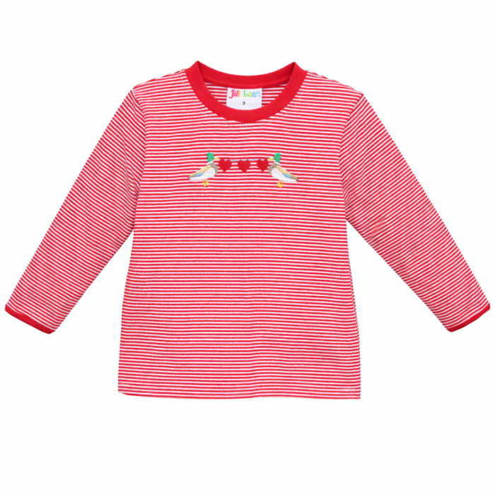 red and white stripe long sleeve tee with mallard duck and heart embroidery