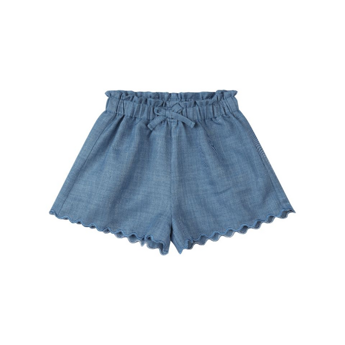 Girls blue chambray shorts with scalloped hem and drawstring waist