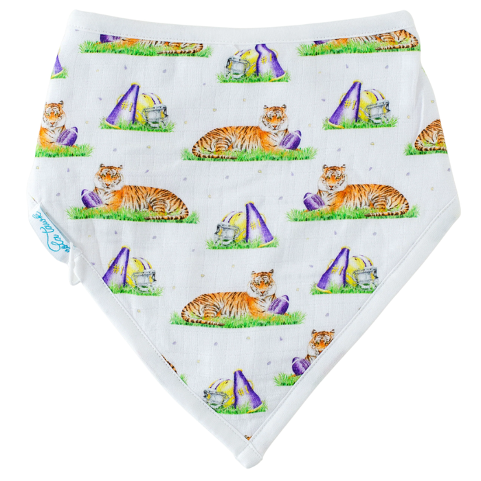 bandana style bib with LSU Mascot Mania print