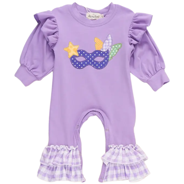 Lavender baby romper with Mardi Gras mask appliqué, ruffle sleeves, gingham ruffle ankles