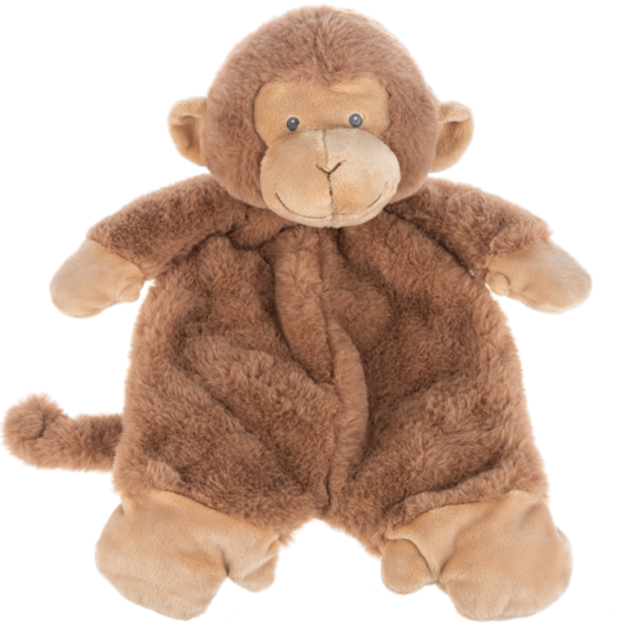 Brown flat-a-pat monkey plush with floppy arms and legs, soft fabric, and an embroidered smiling face.