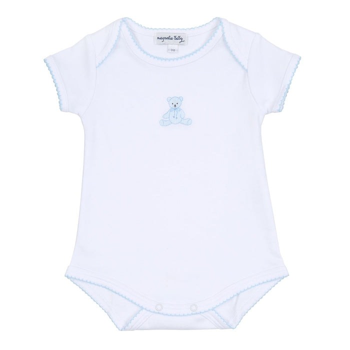 Baby boy white onesie with blue teddy bear embroidery, short sleeves, picot trim, and snap closure