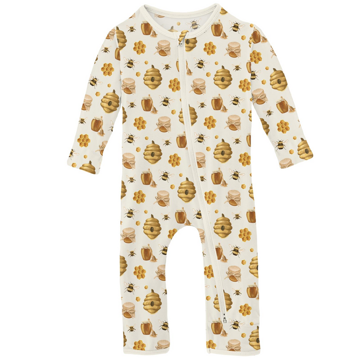 Kickee Pants Natural Bees and Honey bamboo footie with zipper, flip-over mitts, and fleece-lined feet