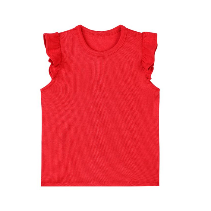 Girls red ribbed Nola top with flutter ruffle sleeves and sleeveless design
