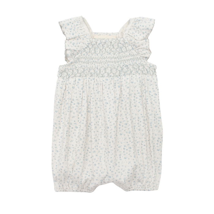 Baby girl blue floral smocked romper with flutter sleeves on white background
