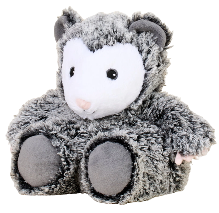 grey and white opossum plush warmie on a white background