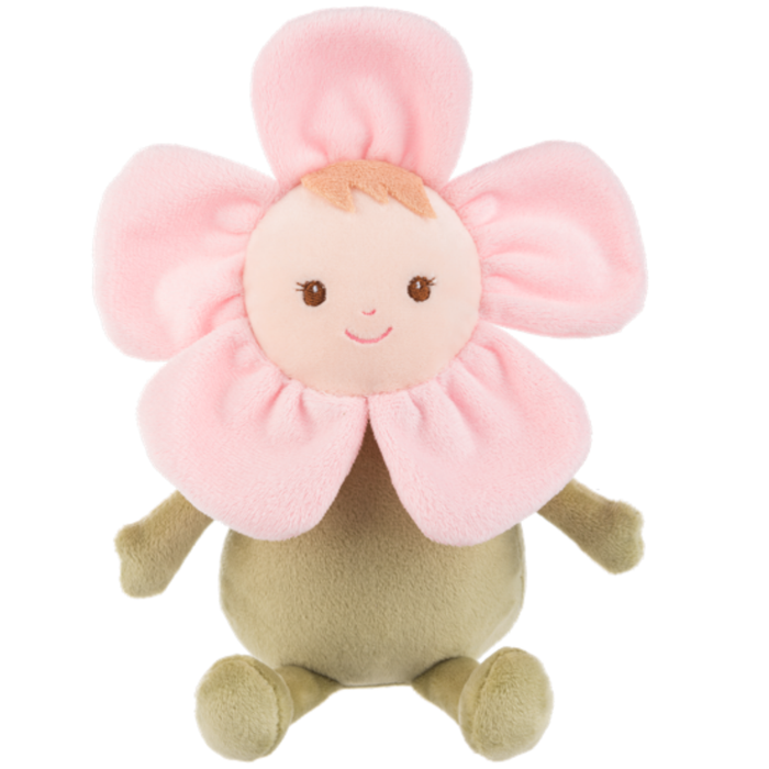 10-inch Peony Baby Doll with soft pink flower petals, embroidered smiling face, light brown hair, and plush muted green body.