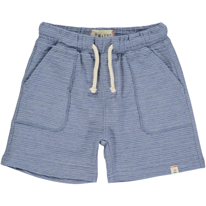 Boys blue ribbed pull-on shorts with elastic waistband, drawstring, and front patch pockets on white background.