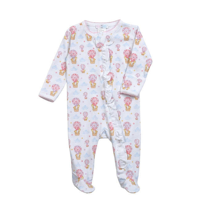 white footie with pink hot air balloons on it.