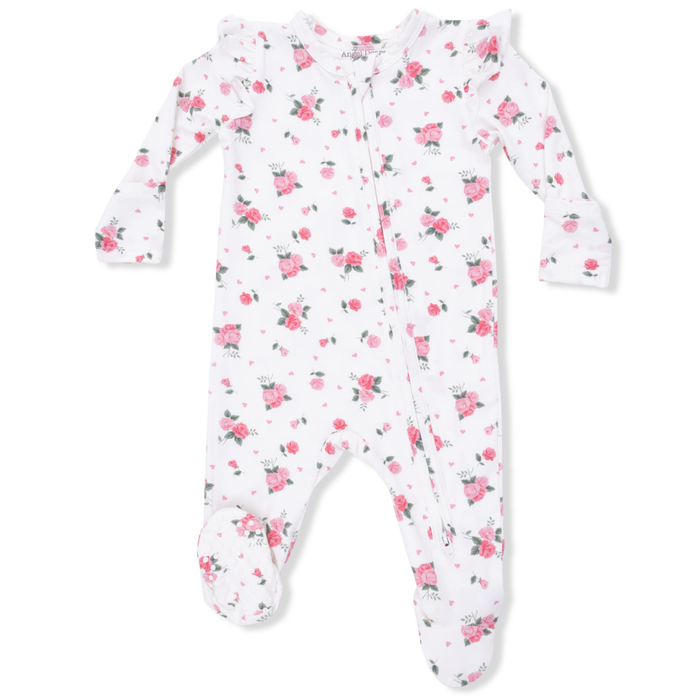 PinkFloral-patterned baby onesie on a white background
