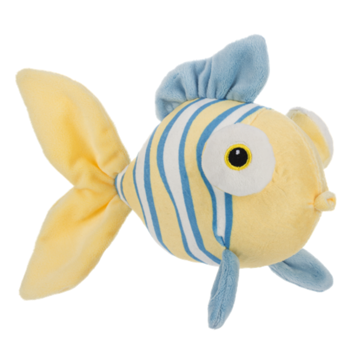 7-inch plush crinkle fish with a soft yellow body, blue and white stripes, blue fins, large yellow tail, and embroidered eye.
