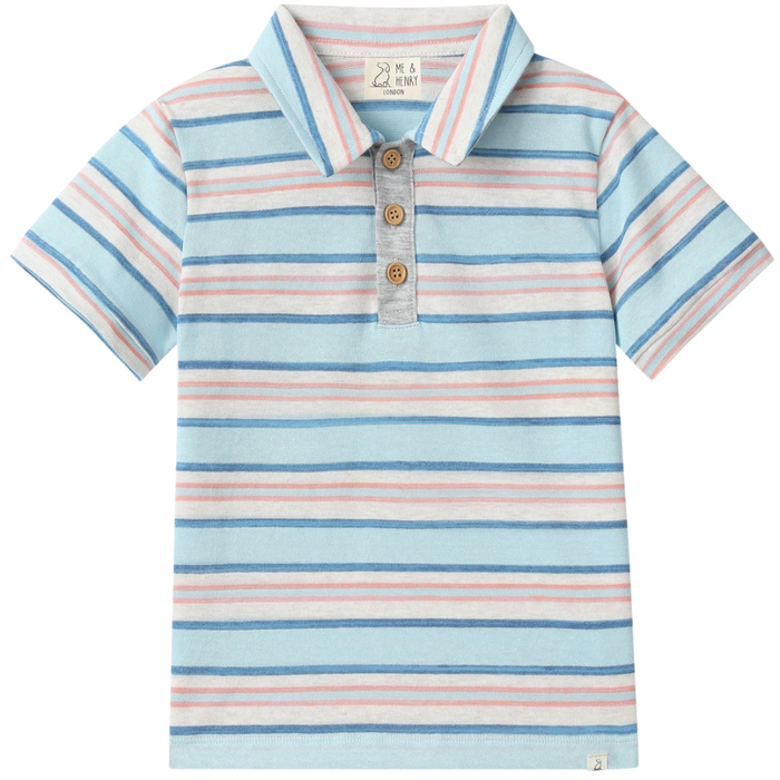 Boys light blue short sleeve polo shirt with pink, white, and navy horizontal stripes and three-button placket.