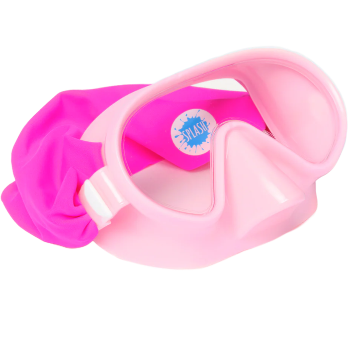 Pink kids full swim mask with clear lens and bright pink strap on white background.