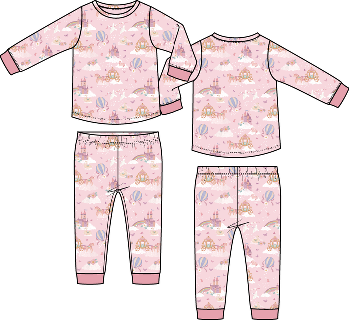 Girls princess unicorn loungewear set with long sleeve top and matching pants in pink fairytale print