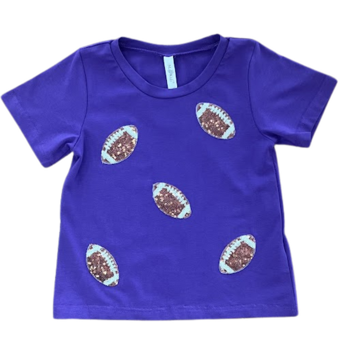 purple short sleeve tee with brown sequin footballs on the front