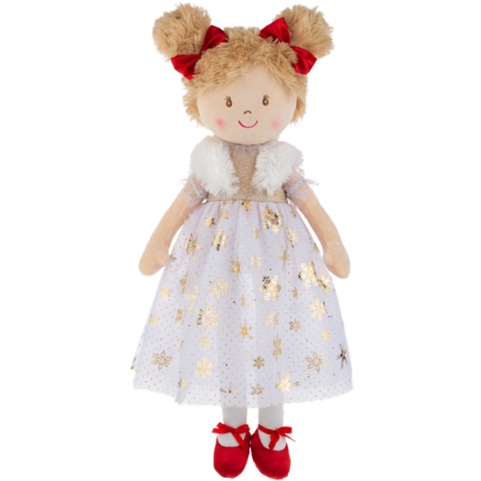 Soft rag doll with blonde hair in buns, red bows, and a white dress with gold snowflakes.