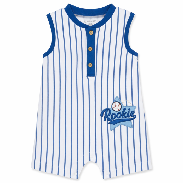 Baby sleeveless blue and white pinstripe baseball romper with blue trim, three-button placket, and Rookie star patch with baseball detail.