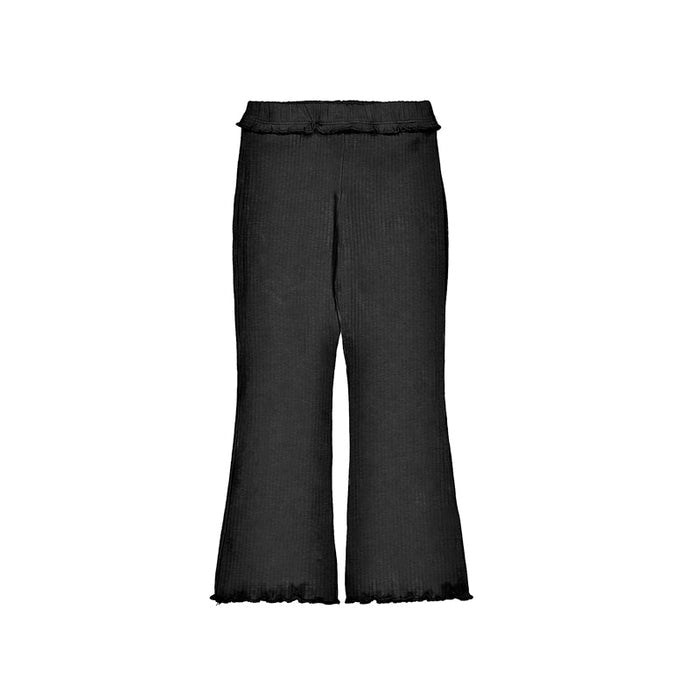 Girls black ribbed flare leggings with ruffle trim at waistband and hem, soft stretchy fabric