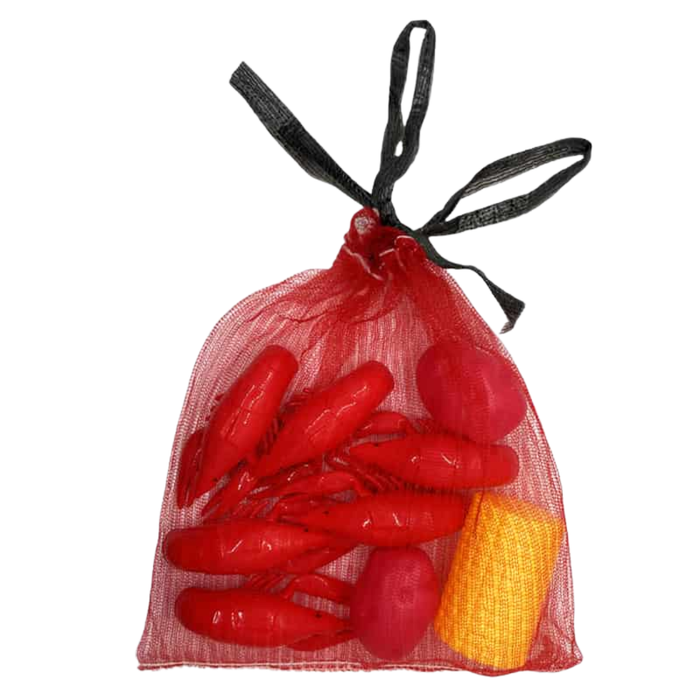 Mesh bag filled with toy crawfish, red potatoes, and corn for kids crawfish boil pretend play set.