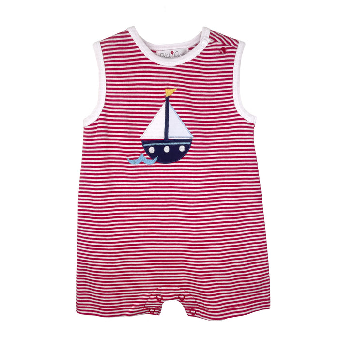 Baby boy red and white striped sleeveless romper with sailboat appliqué and snap closures on white background.