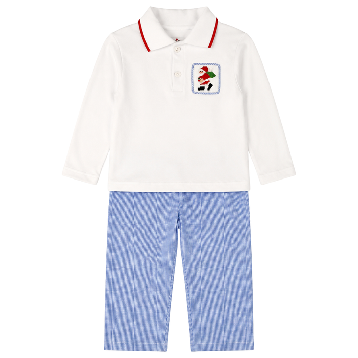 Boys two-piece Christmas outfit with a white long-sleeve polo featuring a smocked Santa pocket and blue gingham pants.